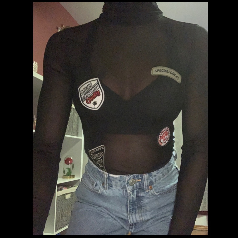 Forever21 sheer black bodysuit with patches